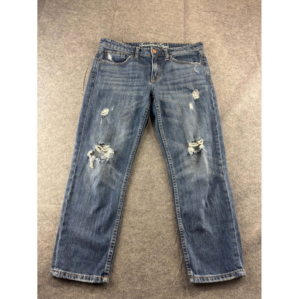 American Eagle Distressed Boyfriend Jeans Medium Wash Mid Rise Size 6 32x24.5"
